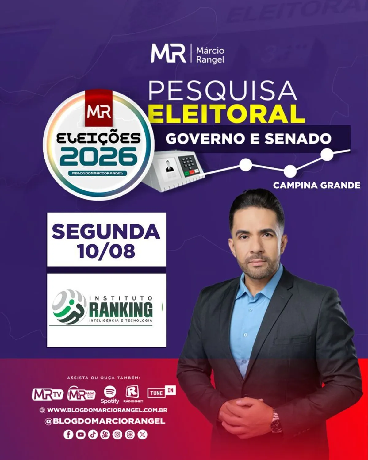 Centro de convenções em Campina Grande iluminado para evento de divulgação de pesquisa eleitoral