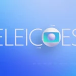 Apresentadora de TV em estúdio divulgando pesquisa eleitoral com gráficos ao fundo