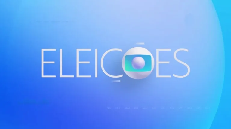 Apresentadora de TV em estúdio divulgando pesquisa eleitoral com gráficos ao fundo