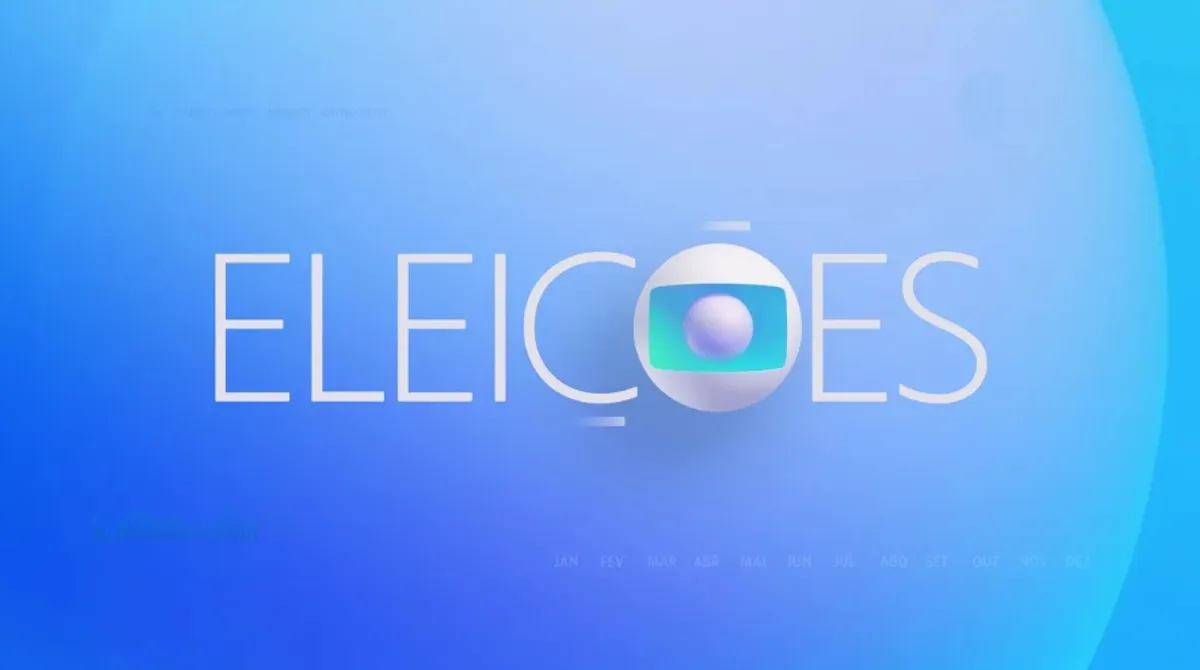 Apresentadora de TV em estúdio divulgando pesquisa eleitoral com gráficos ao fundo