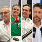 Candidato ao governo da Paraíba discursando durante evento de campanha eleitoral.