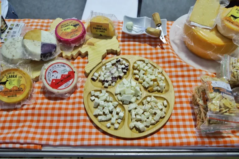 Produtos de queijo artesanal em exposição durante feira gastronômica na Paraíba